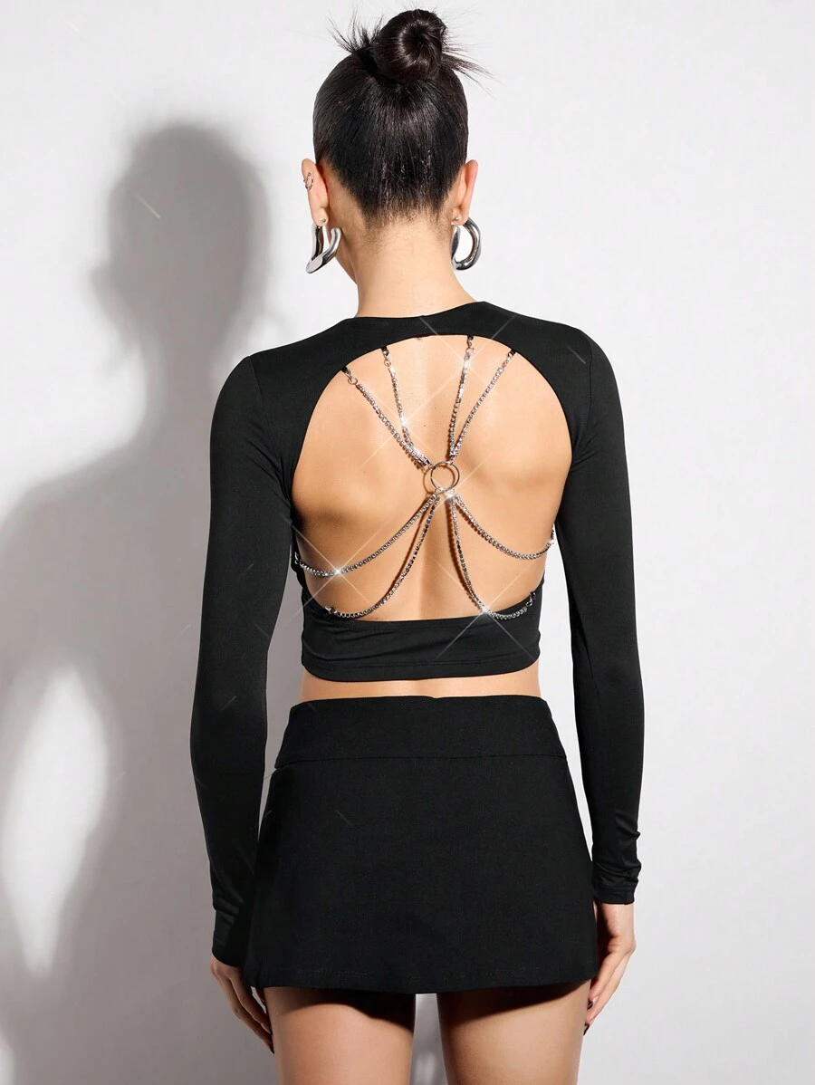 SHEIN BAE Women's Black Long Sleeve T-Shirt With Cross Chain And Backless Design Decorated With Rhinestones