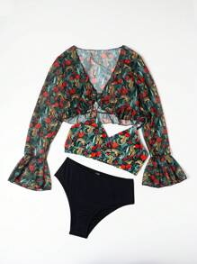 Teen Girl Leopard Print Bikini Set, 3pcs Summer Beach - Black - View 5