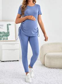 SHEIN Maternity Side Drawstring Short Sleeve T-Shirt And Pants Set - Baby Blue - View 5