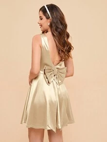 MUXXN Vintage 1950s A-Line Cocktail Party Bow Round Backless Dressy Dresses Elegant Prom Semi Formal Wedding Guest Dress, For Birthday, Graduation, Dinner, Homecoming - Champagne - View 5
