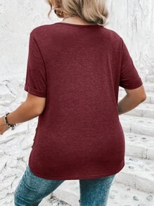 SHEIN Clasi Plus Size Button Detail Curved Hem T-Shirt - Burgundy - View 2