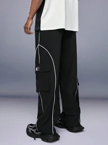 Claim Dot 男式字母贴花细节撞色滚边翻盖口袋侧边工装裤，长款宽松裤，适合送给丈夫、男朋友的礼物 - 黑色 - 查看 9