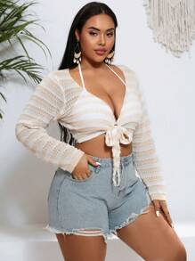 SHEIN Swim Curve Kimino Ukuran Plus Tie Back Dasi Depan Striped - Aprikot - View 3