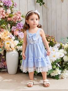 Baby Girl's Blue Checked Lace Trimmed Dress With Bowknot, Cute, Suitable For Daily Wear And Leisure In Spring And Summer