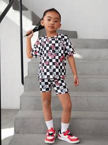 SHEIN 年輕女孩的可愛蝴蝶印花垂肩上衣和短褲套裝 - 黑與白 - 查看 6