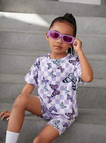 SHEIN Leap Crew 少女可愛蝴蝶印花垂墜肩上衣和短褲套裝 - 紫色 - 查看 3