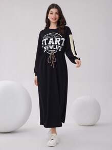 Mulvari 标语图案落肩抽绳腰部连衣裙 - 黑色 - 查看 3