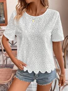 SHEIN Frenchy Vacation Summer Wedding Hollow Out Embroidered Round Neck Blouse White Casual - White - View 2