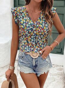 SHEIN Frenchy Camisa de cuello en V de estampado floral de verano con mangas abullonadas con volantes