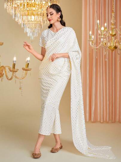 Divindia Women's Polka Dot Print Dress With Gold Foil Detail