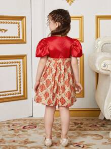 SHEIN Young Girl Standing Collar Puff Sleeve Pleated Hem Dress