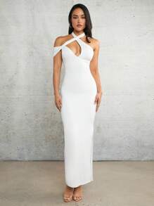 SHEIN BAE Vestido De Verano Asimétrico Sexy Hueco Con Tirantes Cruzados Y Recogido, Vestido Blanco - Blanco - Ver 4