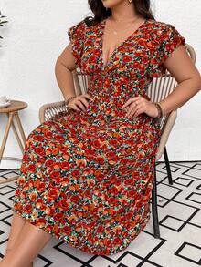 SHEIN Holidaya Plus Size Floral Printed Ruffles Trim Dress - Orange - View 5