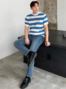 DAZY Men Striped Pattern Pointelle Knit Top - Multicolor - View 6