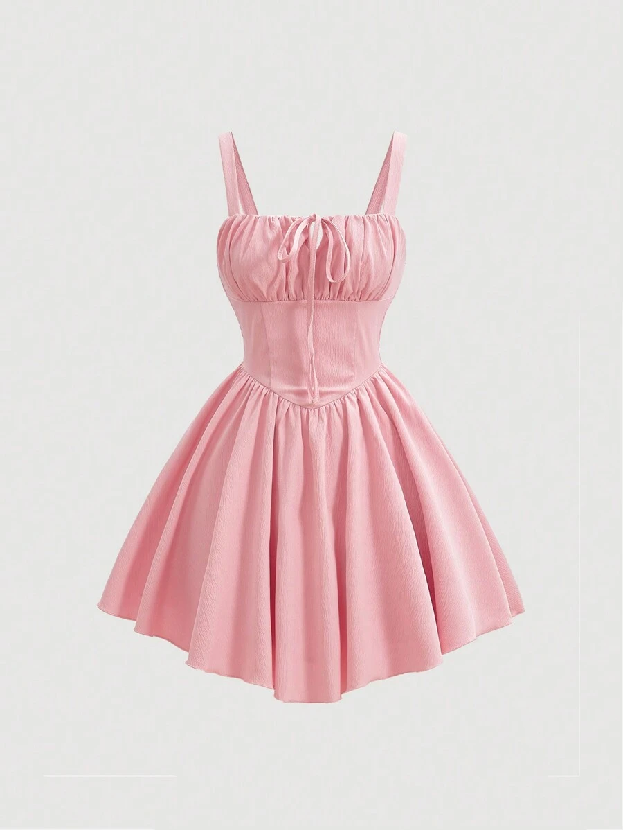 SHEIN MOD 复古风格粉色褶皱吊带连衣裙，粉色女装连衣裙，柔和色调连衣裙