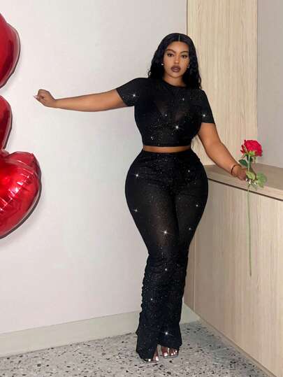 Slaydiva Plus Size Sexy Valentine's Day Black Mesh Sheer Metallic Shiny Short Sleeve Ruched Two Piece Set, Black,Holiday Outfits