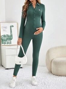SHEIN Maternity Button-Front Long Sleeve Jumpsuit - Dark Green - View 1