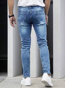 Men's Slim Fit Distressed Washed Denim Jeans - Dark Wash - View 2