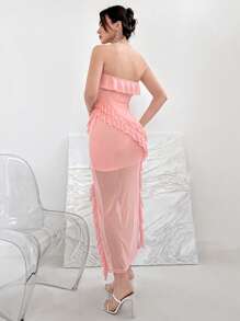 Aloruh Ladies' Mesh Ruffle Trim Strapless High Slit Pink Dress With Waistband Wedding Party Date Romantic