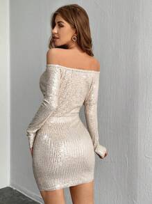 Firerie Vestido corto de mujer elegante de unicolor con perlas y adornos de lentejuelas en los hombros descubiertos y la cintura - Champán - Ver 6