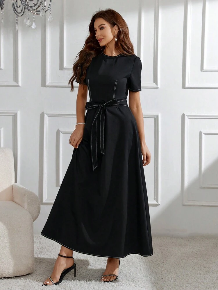 Women's Short Sleeve Arabic Style Color Blocked Stitching Dress Long Evening Dresses