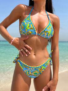 SHEIN Swim Bộ bikini riêng biệt có cổ in hình bãi biển mùa hè dành cho nữ - Nhiều màu - Xem 1