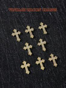 万圣节8件金铜色水钻立体美甲装饰方晶锆石十字架轻奢美甲贴片朋克十字架美甲钻，欧美风格立体美甲闪钻，复古简约万物Y2K金属十字架，哥特风格DIY美甲造型装饰，美甲水钻假指甲装饰配件美甲饰美甲用品美甲宝石 - 金色 - 查看 7