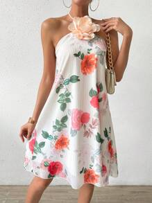 SHEIN LUNE Flower Printed Halter Neck Tie Waist 3d Flower A-Line Dress - Apricot - View 1