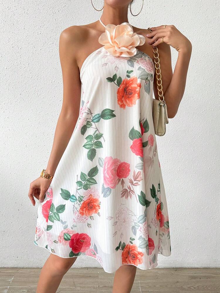 Flower Printed Halter Neck Tie Waist 3d Flower A-Line Dress