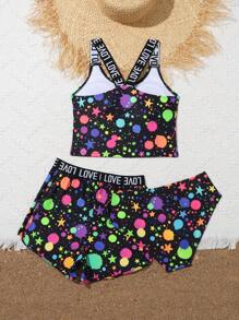 Tween Girl Star Printed Letter Detail Braided Strap Bikini Set - Multicolor - View 4