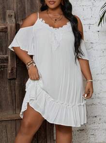 SHEIN VCAY 大尺碼純色蕾絲拼接背心裙 - 白色 - 查看 4