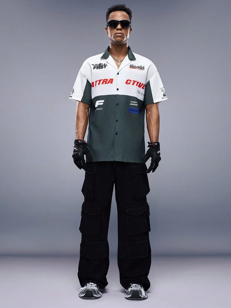 Men Letter Graphic Colorblock Oversize Shirt