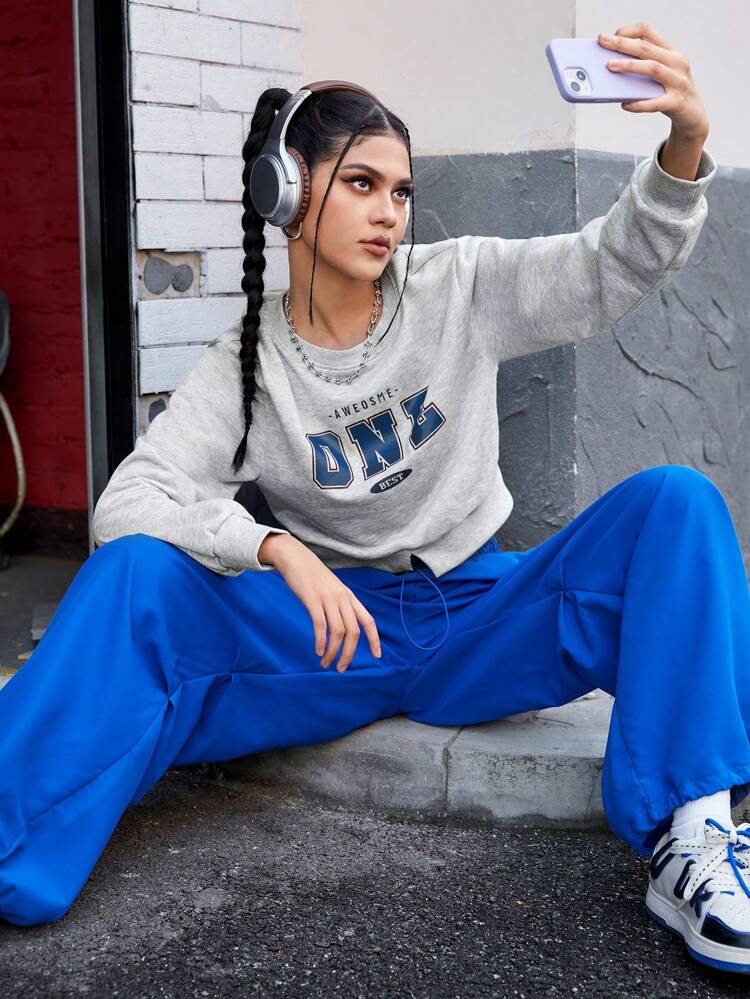 Letter Printed Split Hem Sports Sweatshirt