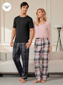 Plaid Print Knot Front Lounge Set - Multicolor - View 2