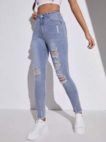 SHEIN Teen Girl Distressed Jeans - Light Wash - View 1