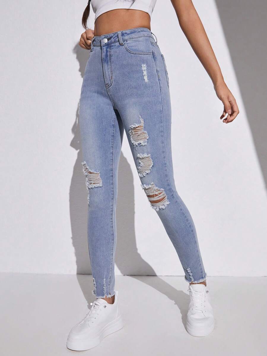 SHEIN Teen Girl Distressed Jeans - Light Wash - View 1