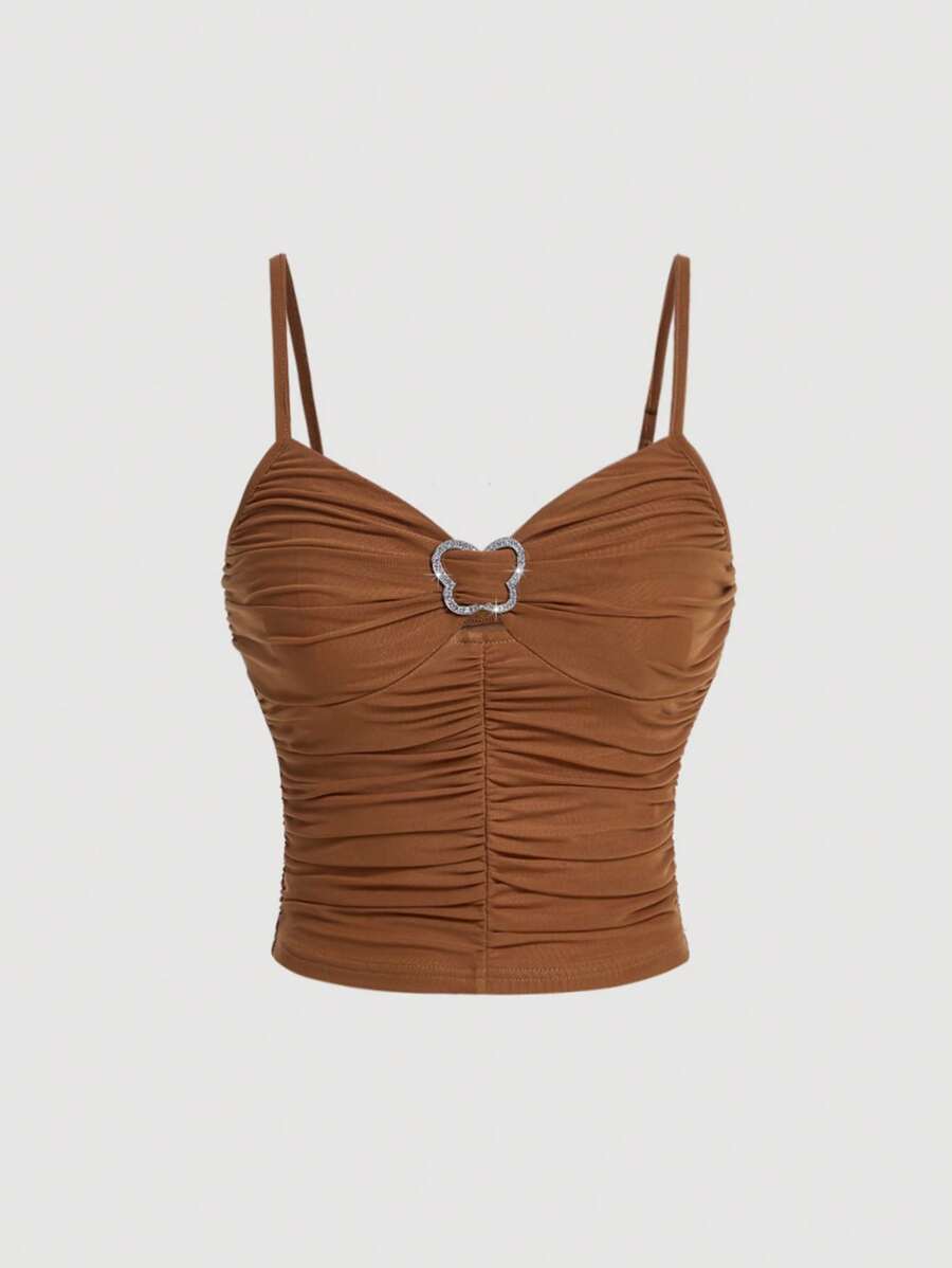 SHEIN MOD Women's Butterfly Buckle Ruched Camisole Tank Top - Brown - View 1