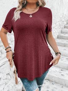 SHEIN Clasi Plus Size Button Detail Curved Hem T-Shirt - Burgundy - View 3