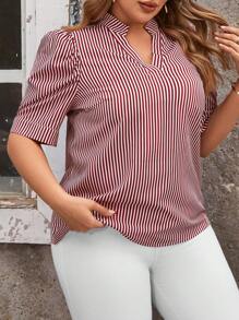 SHEIN LUNE Plus Size Summer Striped Blouse With Notched V Neck