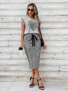 SHEIN LUNE Ladies' Leopard Print Heart Pattern Bell Sleeve Top And Skirt Set