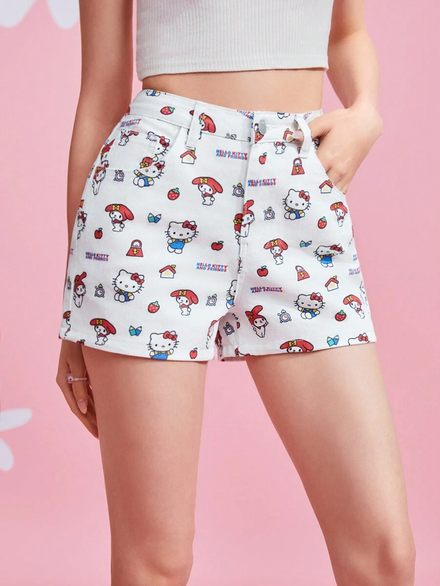 HELLO KITTY AND FRIENDS | SHEIN 白色草莓蘋果字母卡通圖案印花斜口袋牛仔短褲，春夏時尚可愛百搭 - 白色 - 查看 1