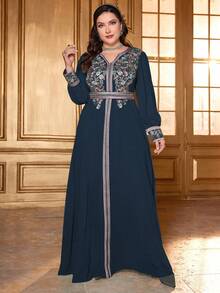 Plus Size Elegancka haftowana naszywka z kwiatowym wzorem Splice Skromna sukienka z długim rękawem, kaftan - Niebieski - Zobacz 4