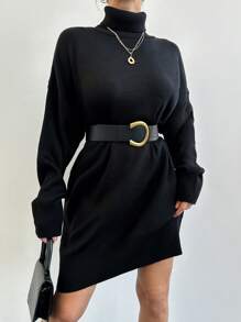 EURMUSE Turtleneck Drop Shoulder Sweater Dress Without Belt - Black - View 5