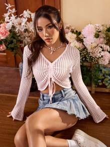 SHEIN Qutie 女士镂空长袖褶皱毛衣 - 藕粉色 - 查看 5