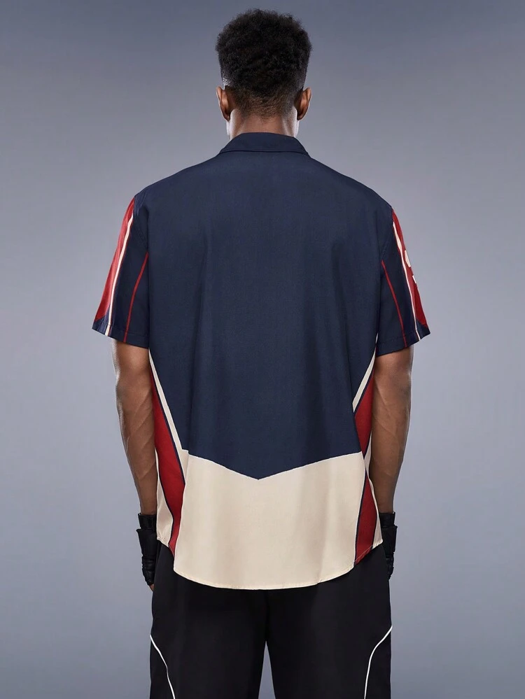 Loose Fit Men's Letter Print Color Block Shirt