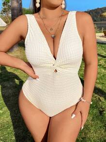 Swim Vcay Đồ bơi một mảnh Plus Size Summer Beach Twist Front màu trơn - Màu be - Xem 6
