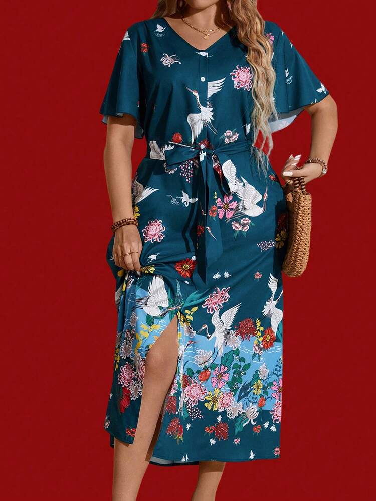 Plus Size Women'S Floral Printed Button Front Dress