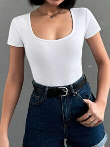 SHEIN PETITE Solid Color Ribbed Square Neck Short Sleeve Bodysuit ,Petite Women - Grey - View 5