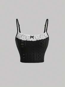 SHEIN MOD Ladies' Lace Trimmed Eyelet Embroidered Cami Tank Top - Black - View 1