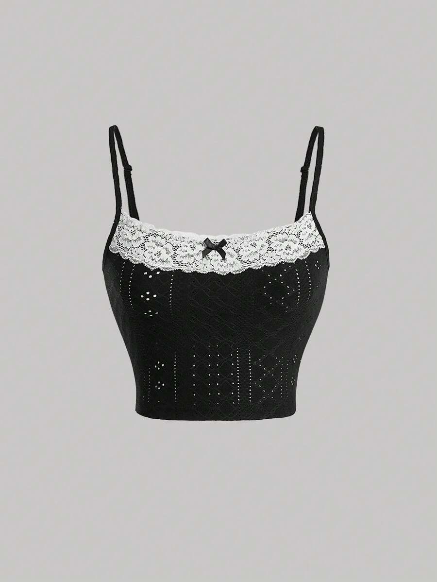 SHEIN MOD Ladies' Lace Trimmed Eyelet Embroidered Cami Tank Top - Black - View 1
